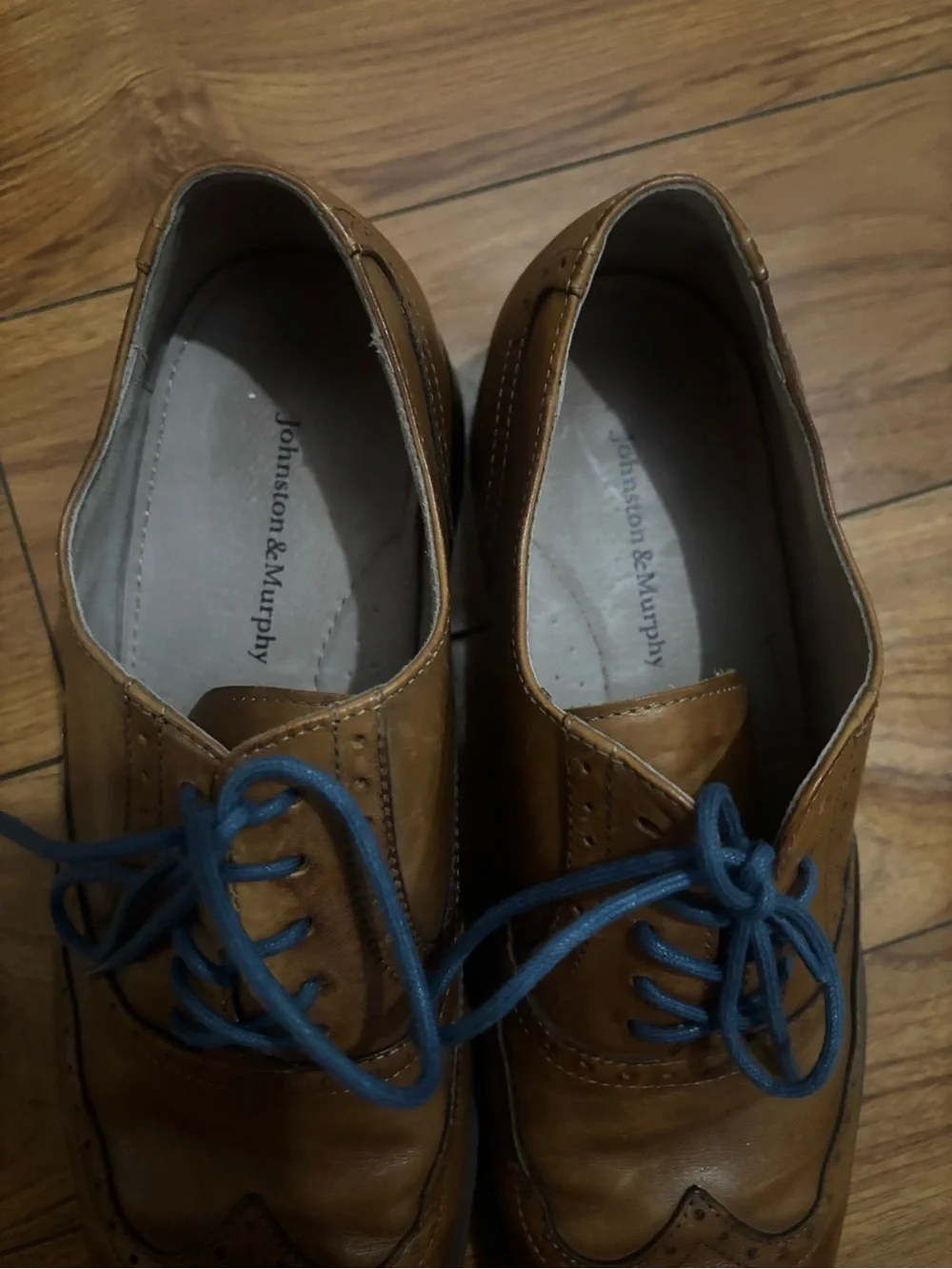 Johnston & Murphy Tan Leather Wingtip Oxfords with Blue Laces